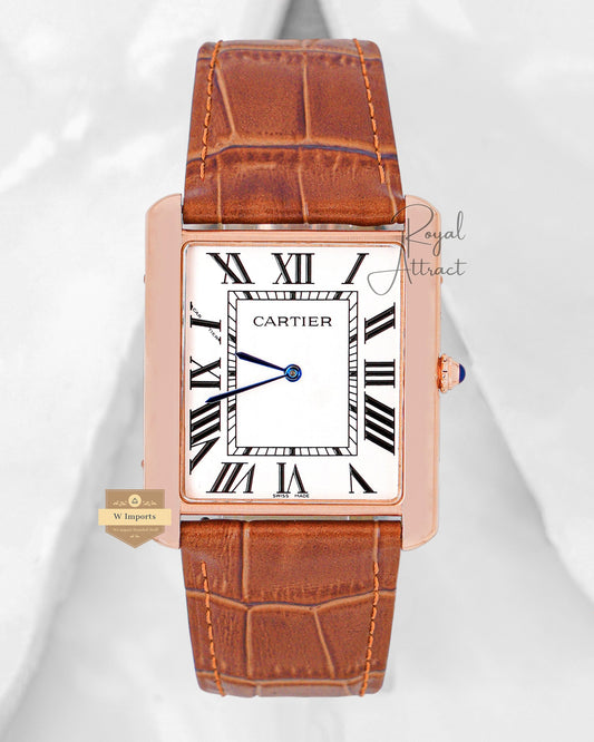 Latest Collection Rose Gold Case With White Dial & Brown Leather Strap Watch