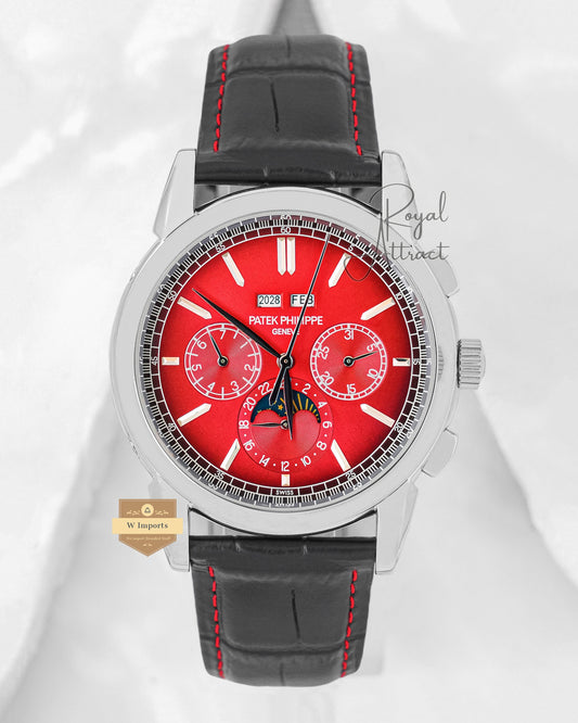 Latest Collection Chronograph Silver Case With Red Dial & Black Leather Strap