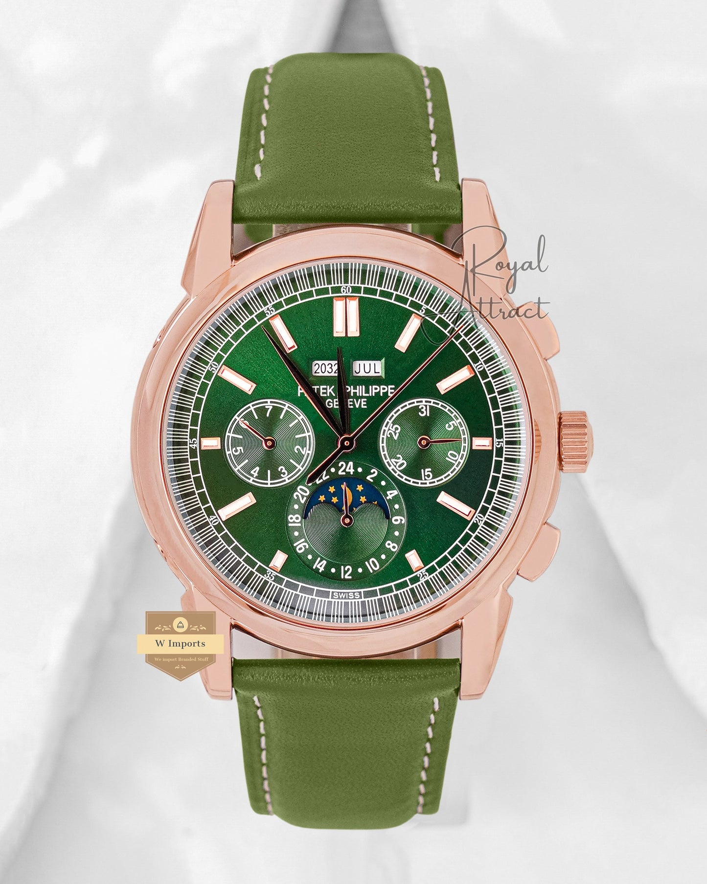 Latest Collection Chronograph Rose Gold With Green Dial & Leather Strap