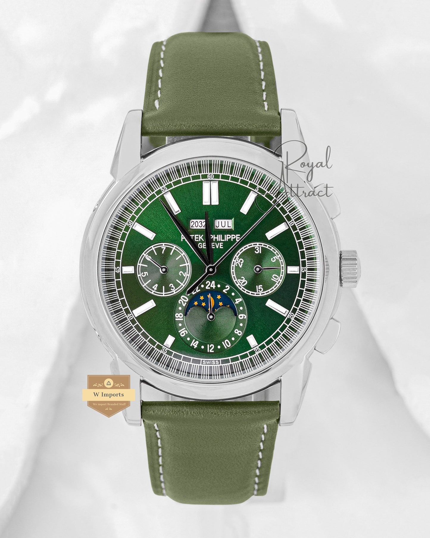 Latest Collection Chronograph Silver Case With Green Dial & Leather Strap