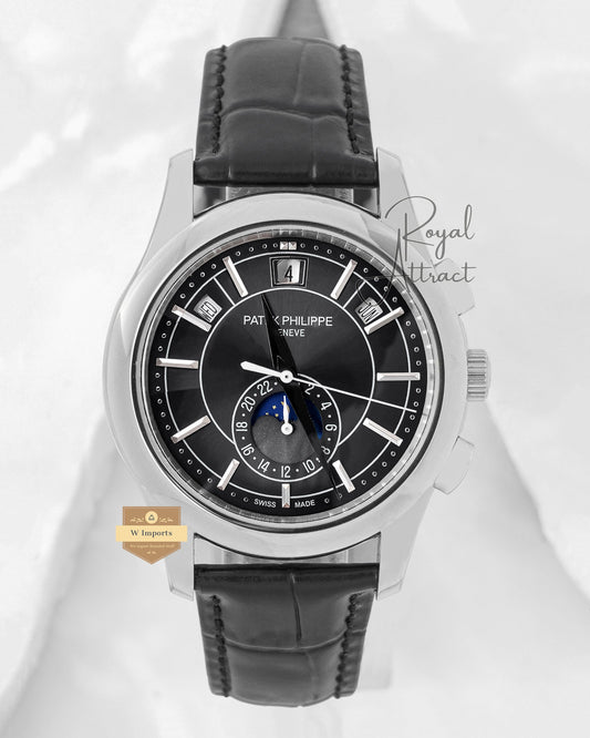 Latest Collection Moon Phase Silver Case With Black Dial Dial & Leather Strap