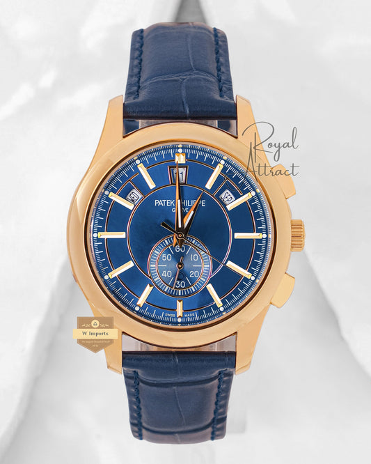 Latest Collection Moon phase Yellow Gold Case With Blue Dial & Leather Strap