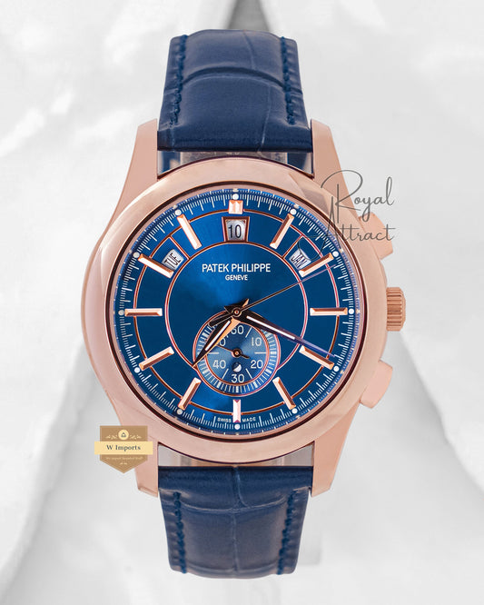 Latest Collection Moon phase Rose Gold Case With Blue Dial & Leather Strap