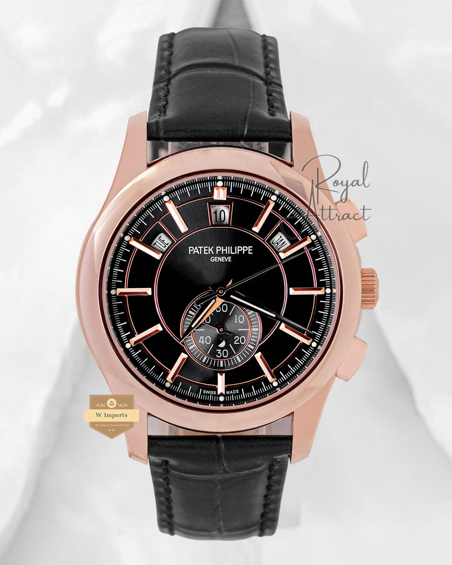 Latest Collection Moon Phase Rose Gold Case With Black Dial Dial & Leather Strap