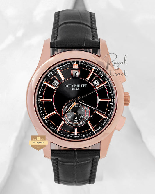 Latest Collection Moon Phase Rose Gold Case With Black Dial Dial & Leather Strap