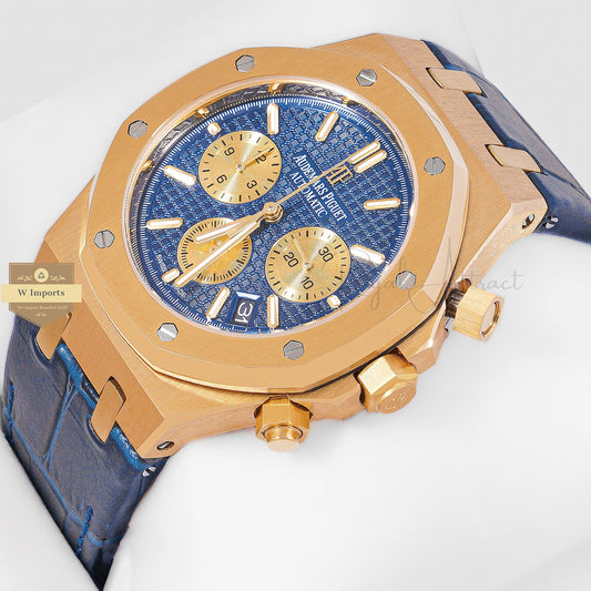 Latest Collection Chronograph Yellow Gold Case With Blue Dial & Leather Strap