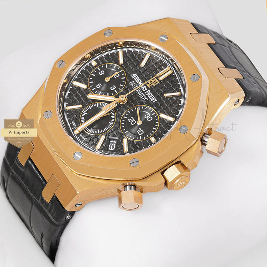 Latest Collection Chronograph Yellow Gold Case With Black Dial & Leather Strap