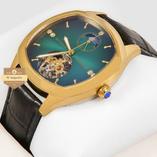 Latest Collection Tourbillon Yellow Gold Case With Green Dial & Black Leather Strap
