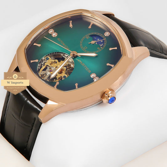 Latest Collection Tourbillon Rose Gold Case With Green Dial & Black Leather Strap