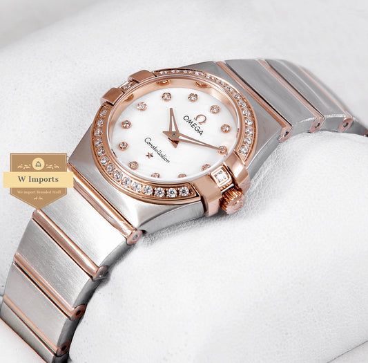 Latest Collection Two Tone Rose Gold With White Dial Stone Figure & Bezel Ladies Watch