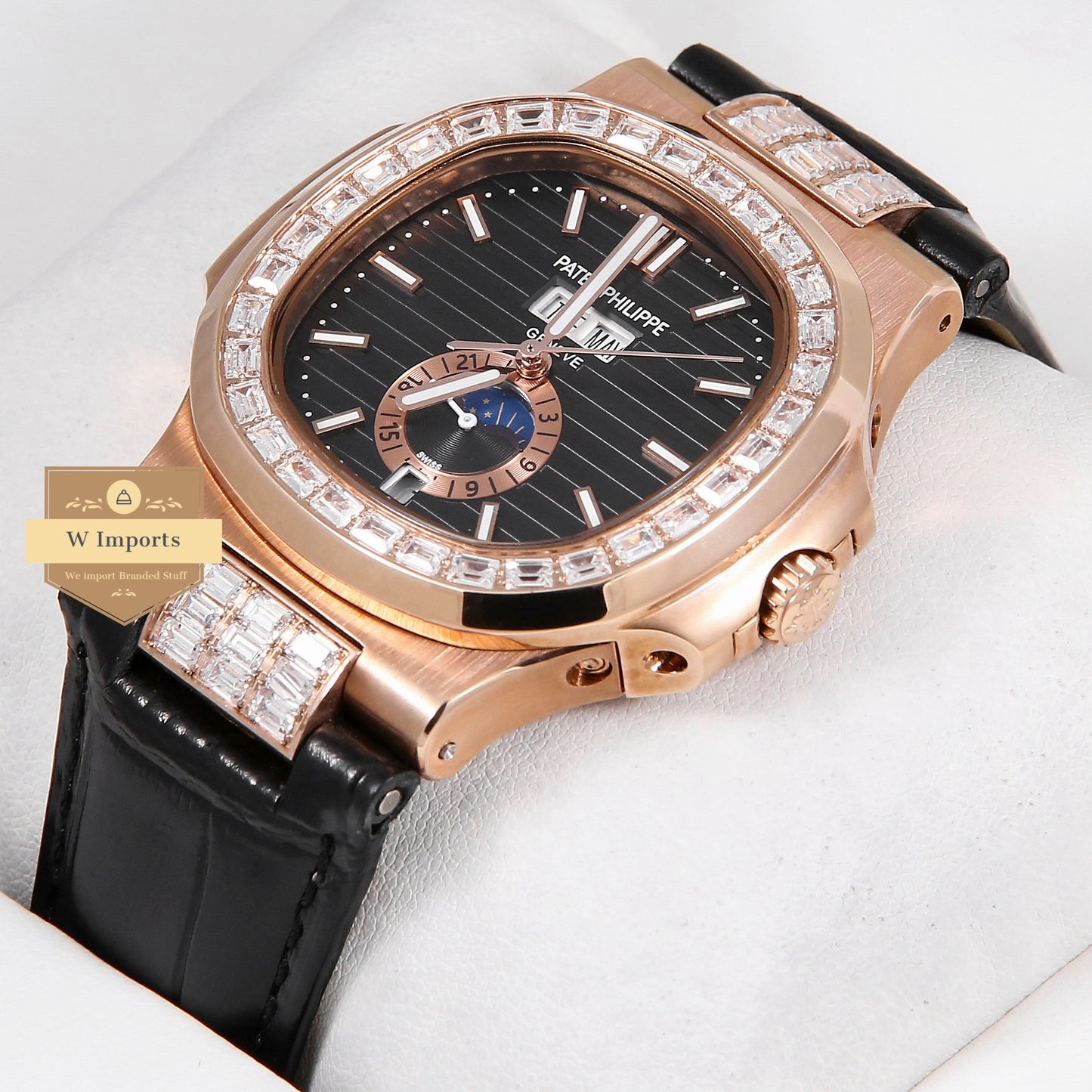 Latest Collection Annual Calendar Moon Phase Rose Gold Stone Case With Black Dial & Leather Strap