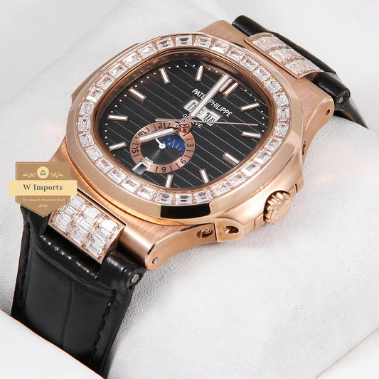 Latest Collection Annual Calendar Moon Phase Rose Gold Stone Case With Black Dial & Leather Strap