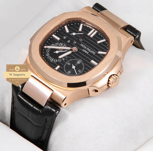 Latest Collection Rose Gold Case With Black Dial & Leather Strap