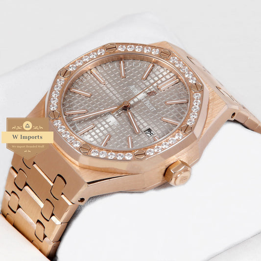 Latest Collection Rose Gold With Grey Dial & Stone Bezel Automatic Watch