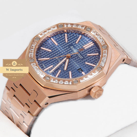 Latest Collection Rose Gold With Blue Dial & Stone Bezel Automatic Watch