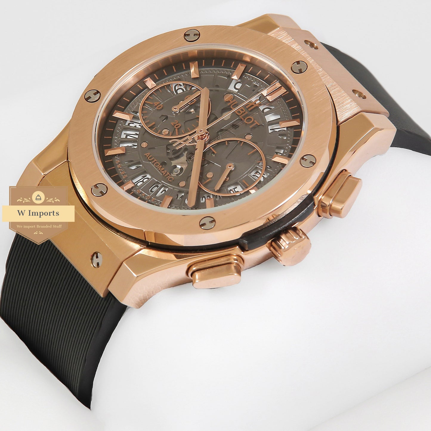 Latest Collection Chronograph Rose Gold Case With Brown Skeleton Dial & Black Rubber Strap