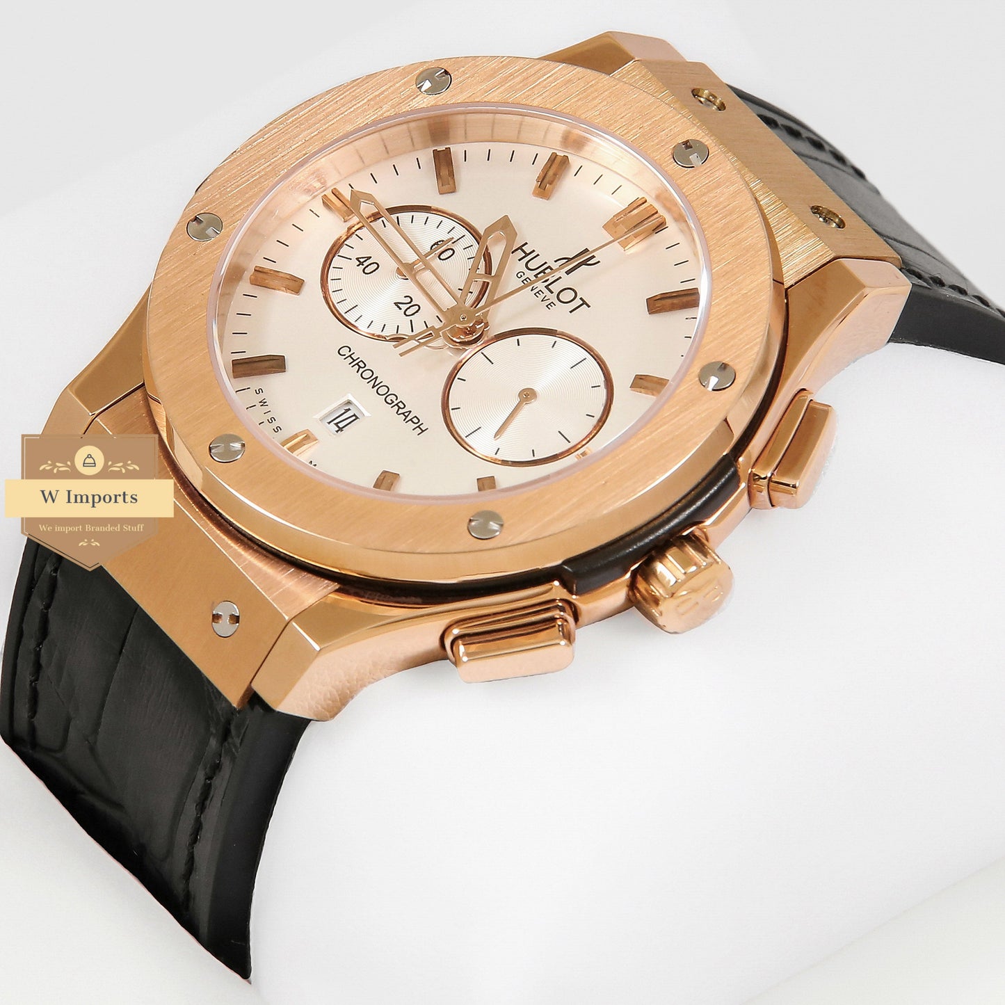 Latest Collection Chronograph Rose Gold Case With White Dial & Black Leather Strap