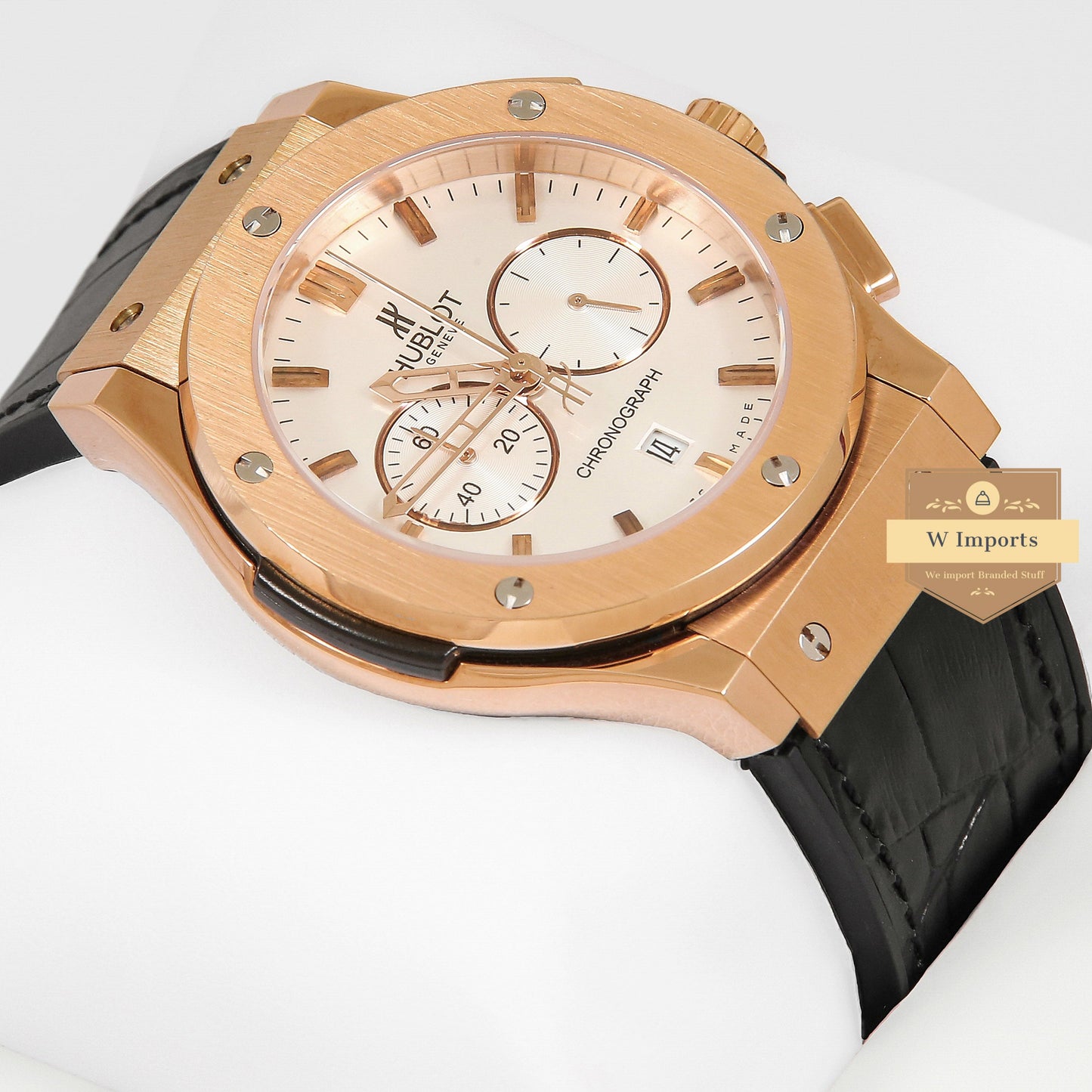 Latest Collection Chronograph Rose Gold Case With White Dial & Black Leather Strap