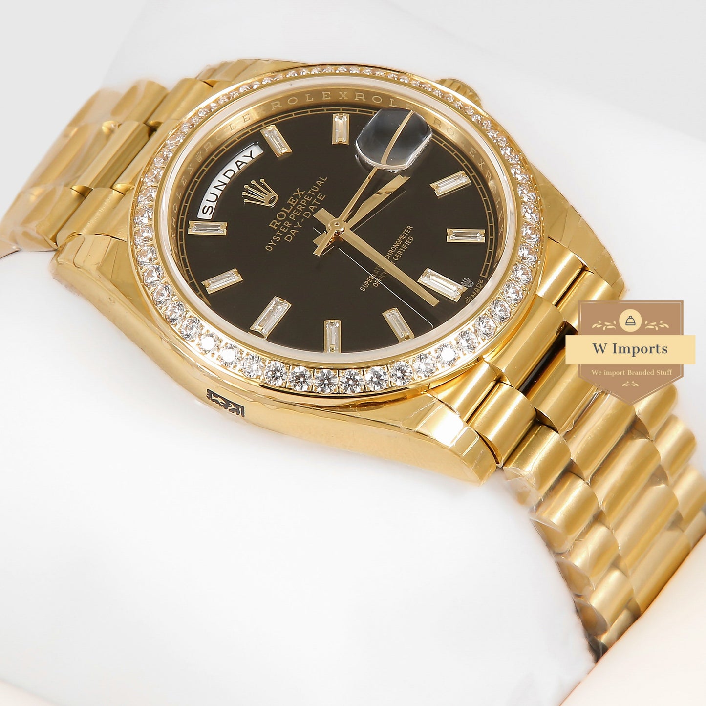 Latest Collection 40 Yellow Gold With Black Dial & Stone Bezel Automatic Watch EW Made
