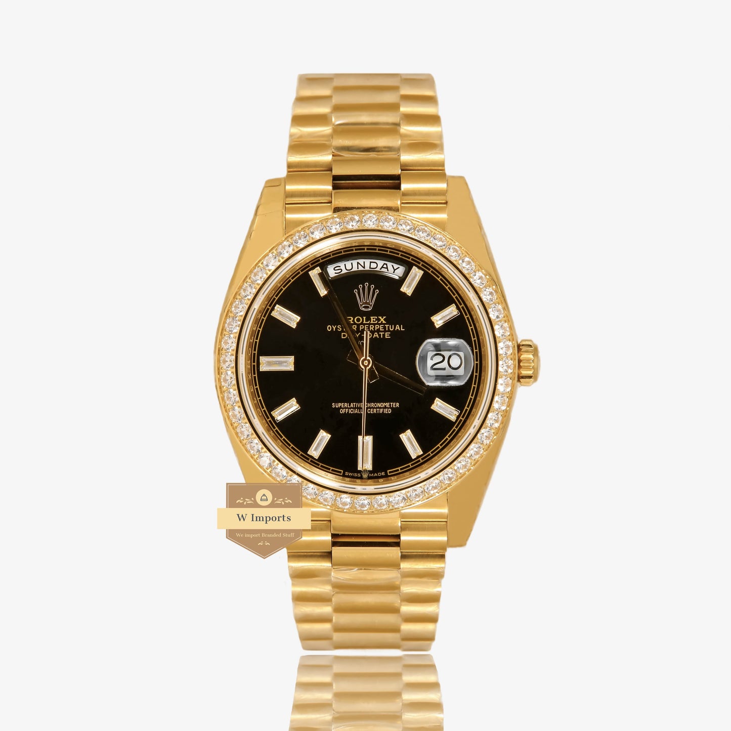 Latest Collection 40 Yellow Gold With Black Dial & Stone Bezel Automatic Watch EW Made