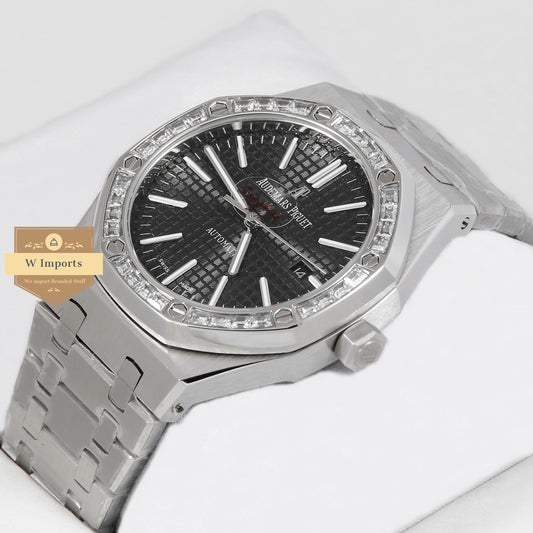 Latest Collection Silver With Black Dial & Stone Bezel Automatic Watch