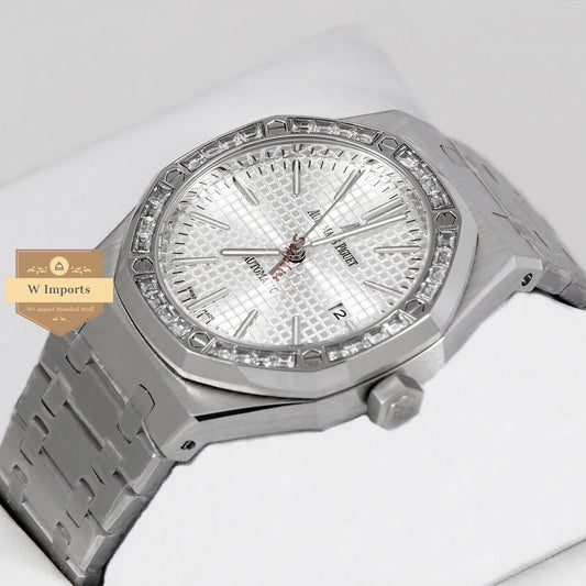 Latest Collection Silver With White Dial & Stone Bezel Automatic Watch