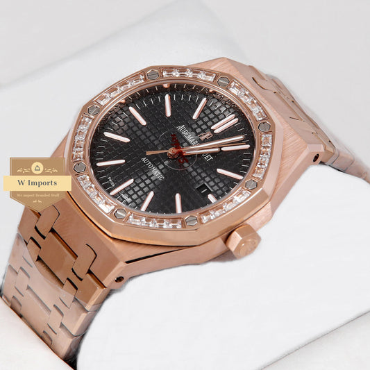 Latest Collection Rose Gold With Black Dial & Stone Bezel Automatic Watch