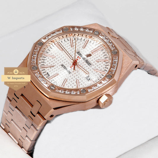 Latest Collection Rose Gold With White Dial & Stone Bezel Automatic Watch