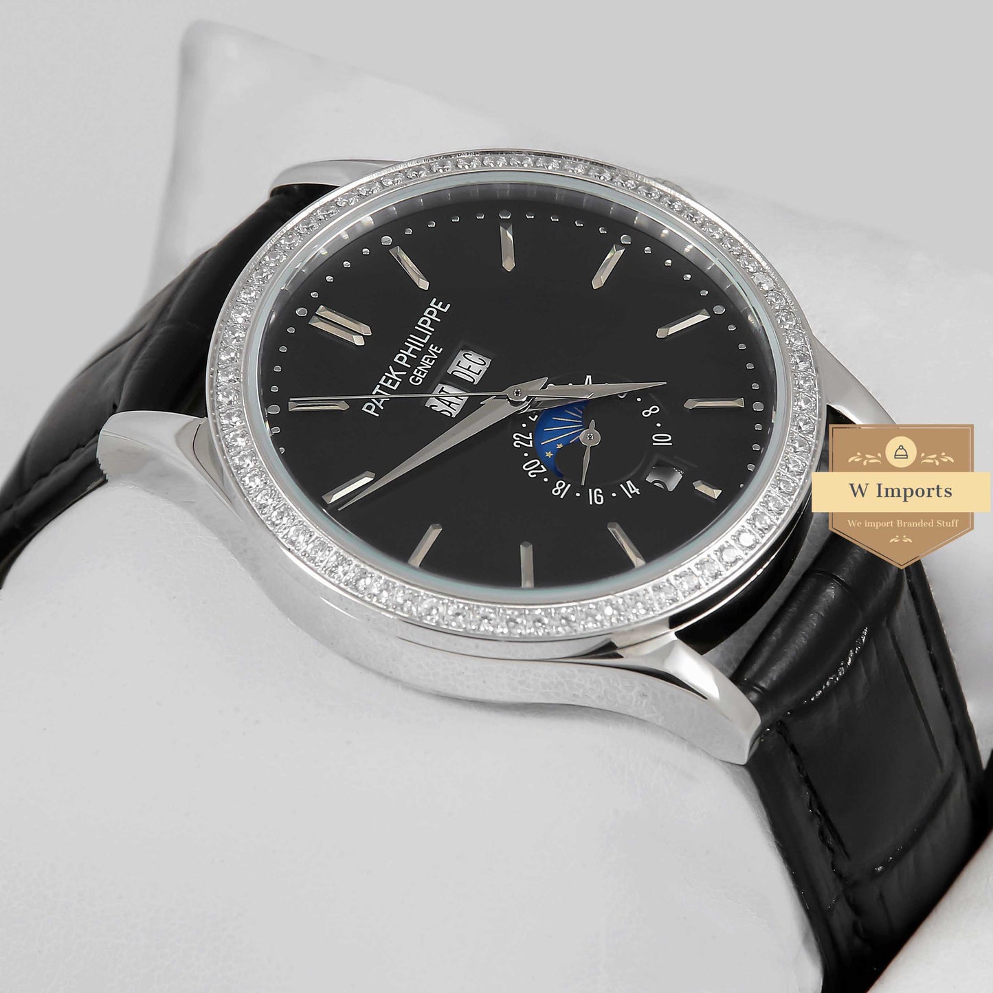 Latest Collection Annual Calendar Moon phase Silver Case With Black Dial Stone Bezel & Leather Strap