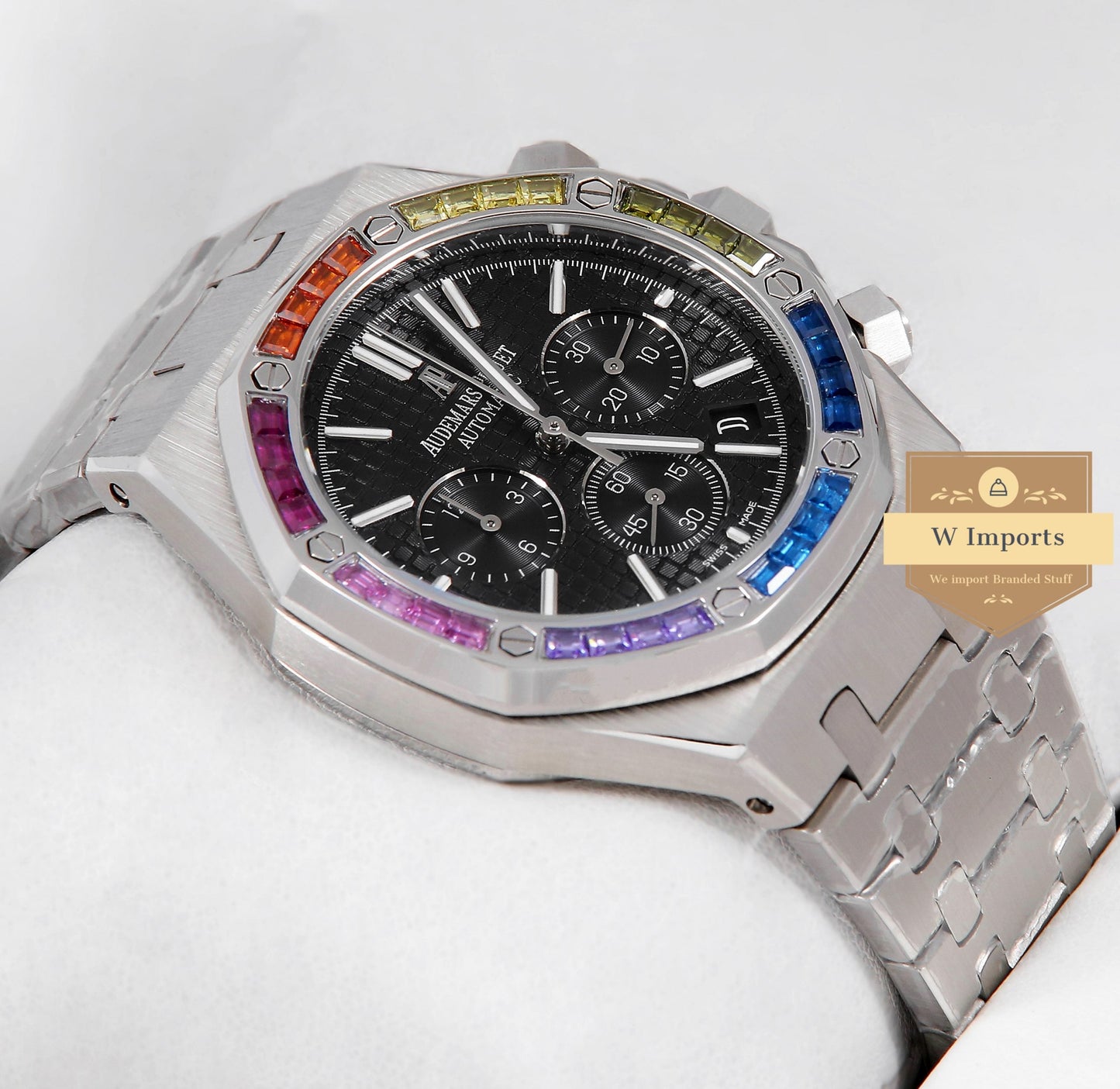 Latest Collection Chronograph Silver With Black Dial & Rainbow Stone Bezel