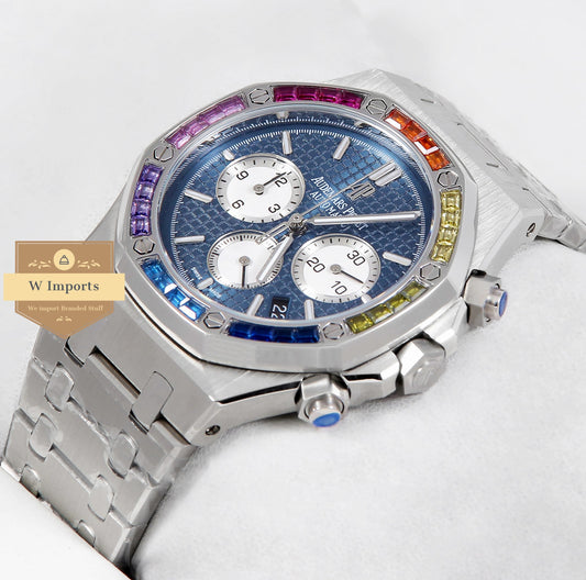 Latest Collection Chronograph Silver With Blue Dial & Rainbow Stone Bezel