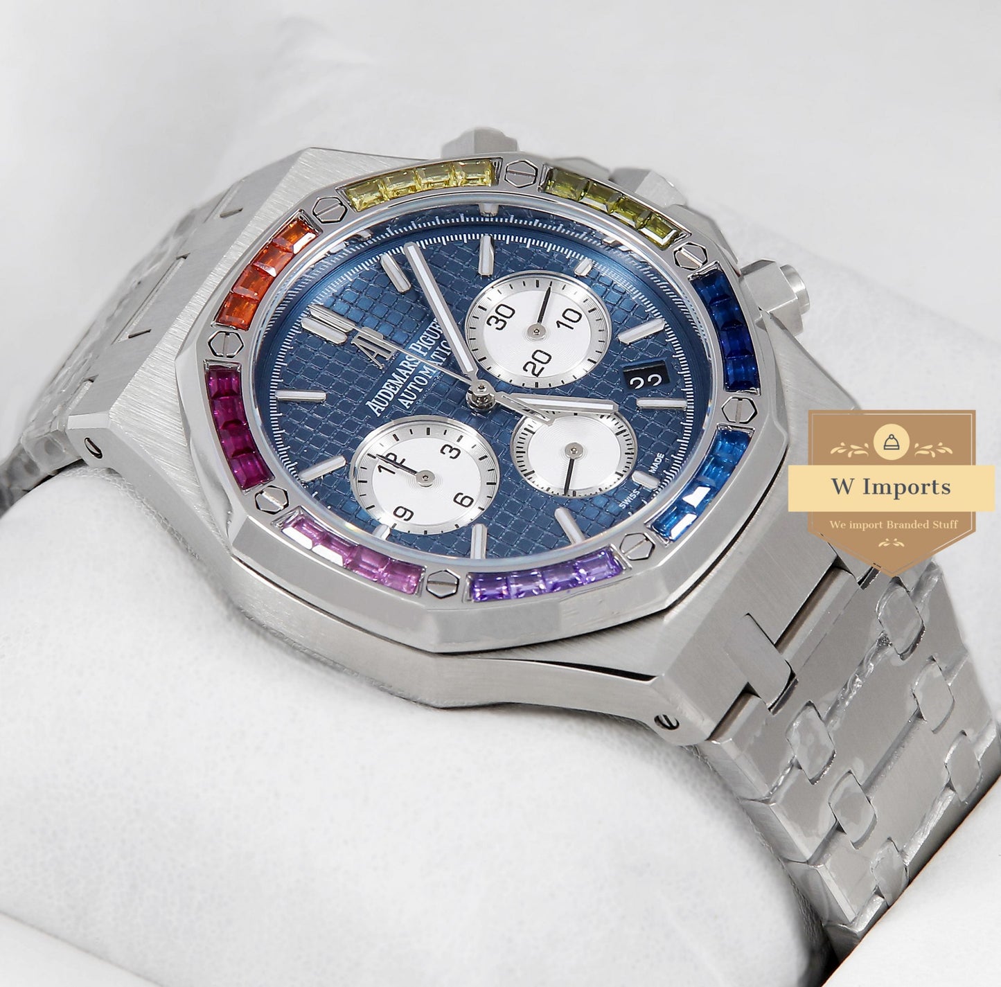 Latest Collection Chronograph Silver With Blue Dial & Rainbow Stone Bezel