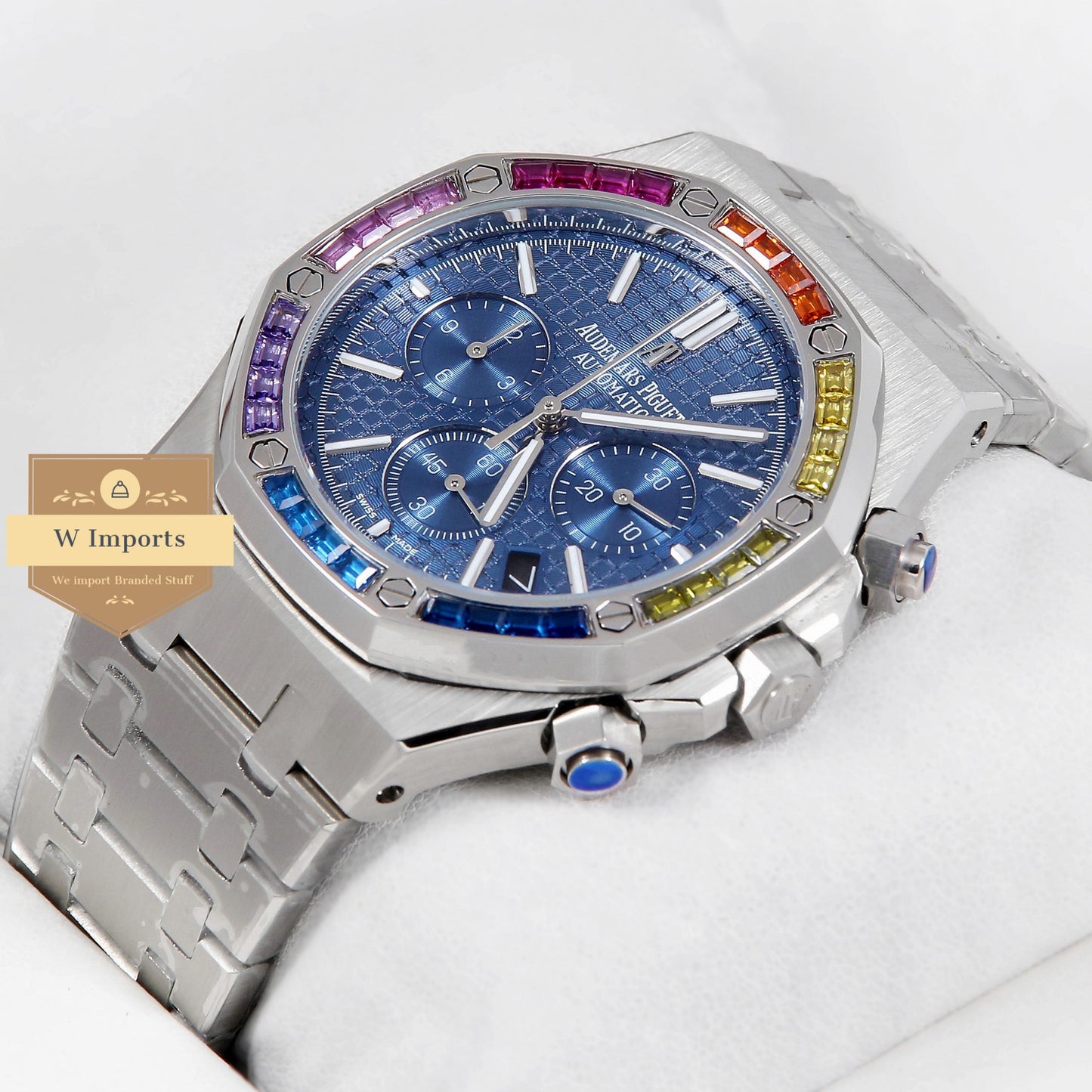 Latest Collection Chronograph Silver With Blue Dial & Rainbow Stone Bezel