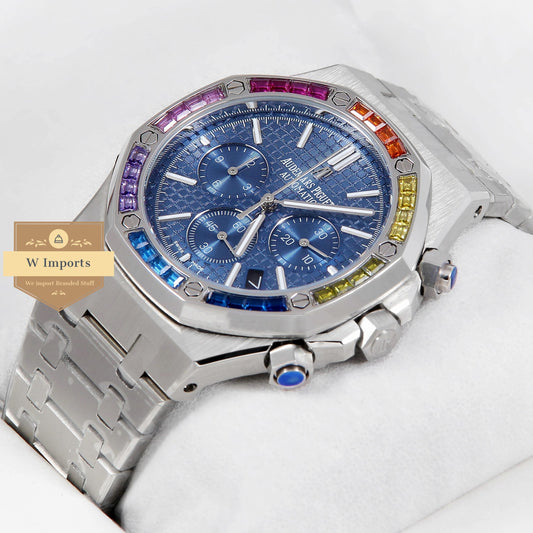 Latest Collection Chronograph Silver With Blue Dial & Rainbow Stone Bezel