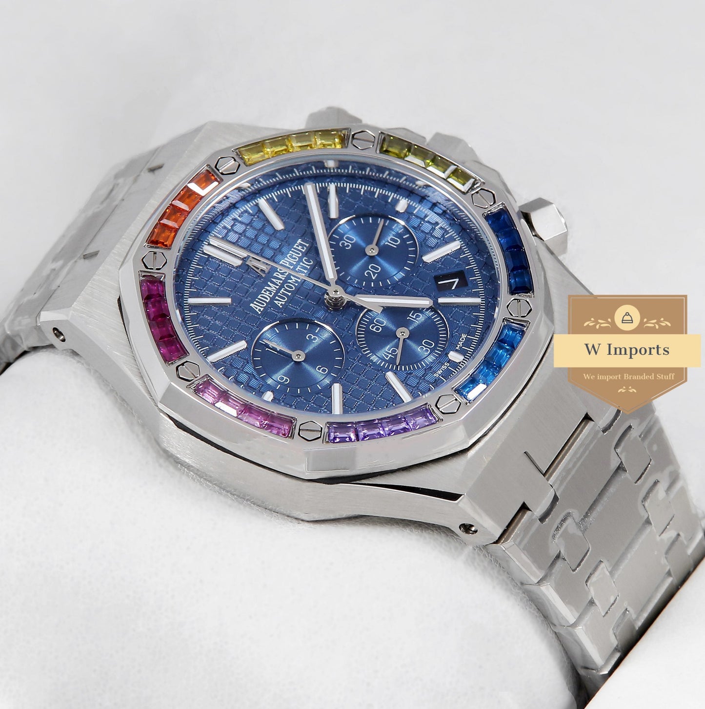 Latest Collection Chronograph Silver With Blue Dial & Rainbow Stone Bezel