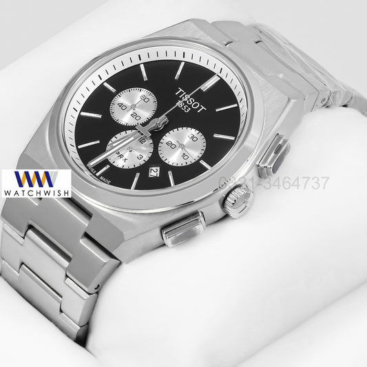 LATEST COLLECTION PRX CHRONOGRAPH SILVER WITH BLACK DIAL CHAIN WATCH