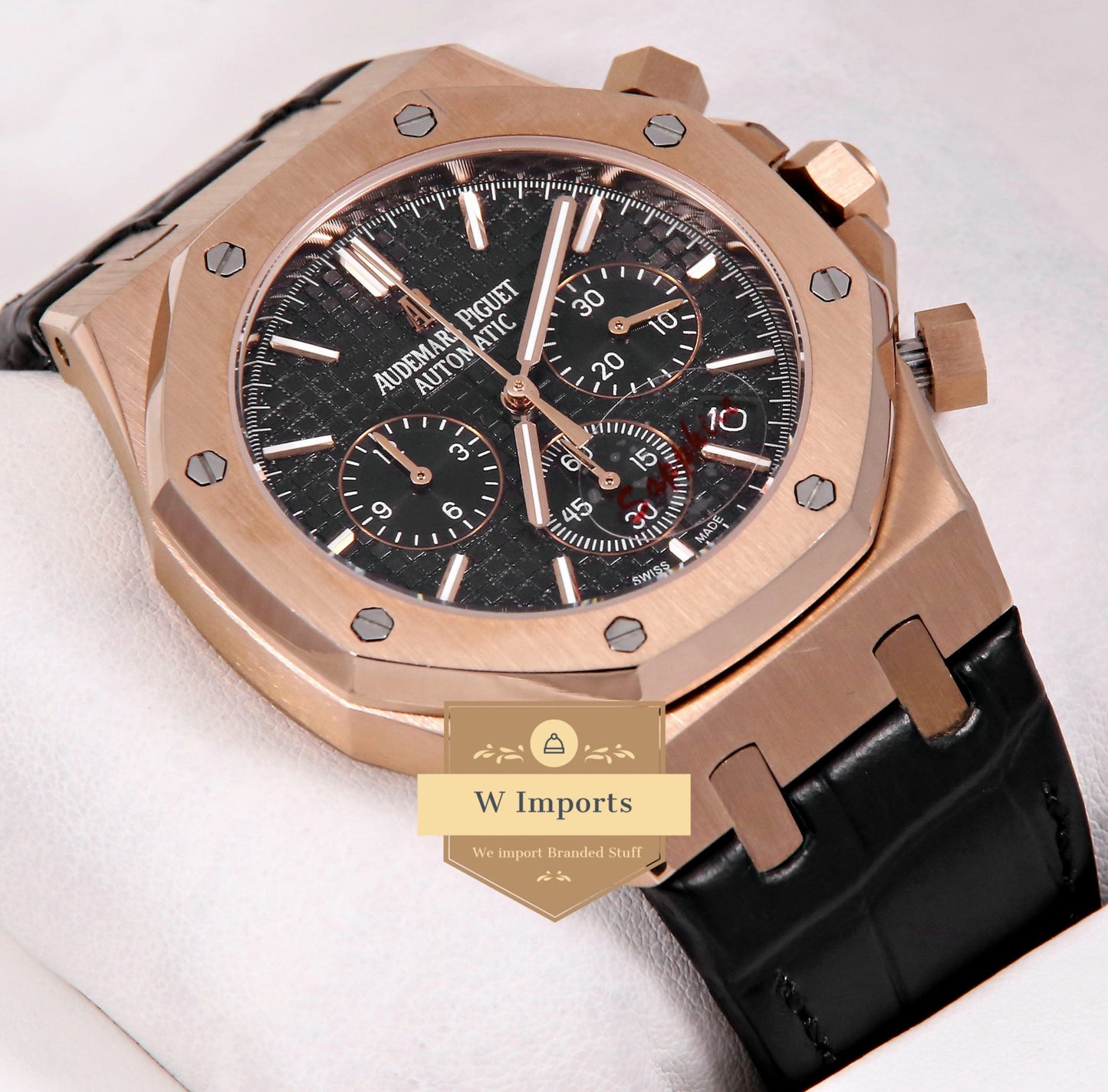 Latest Collection Chronograph Rose Gold Case With Black Dial & Black Leather Strap