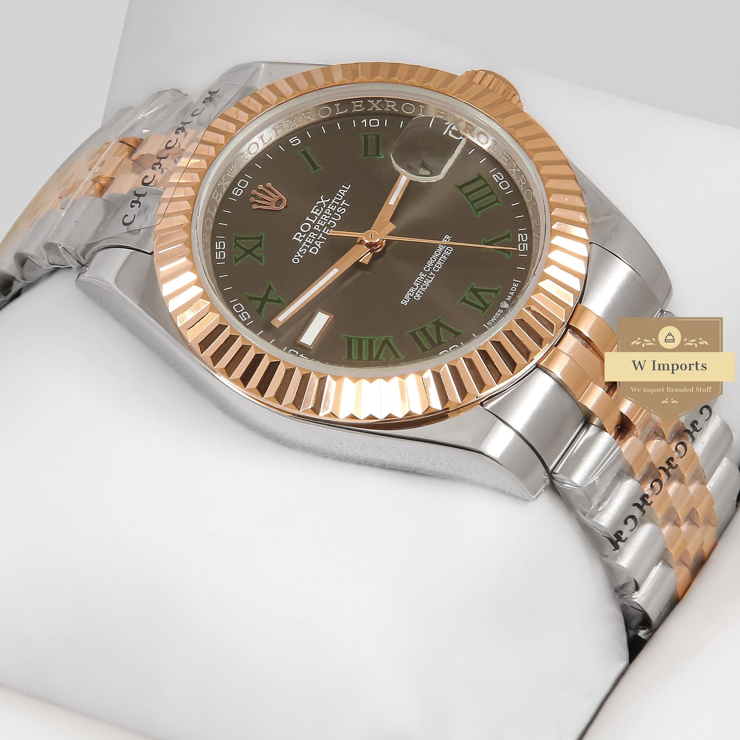 LATEST COLLECTION 41 TWO TONE ROSE GOLD WITH GREY DIAL & GREEN ROMAN INDEX AUTOMATIC WATCH ZR FACTORY