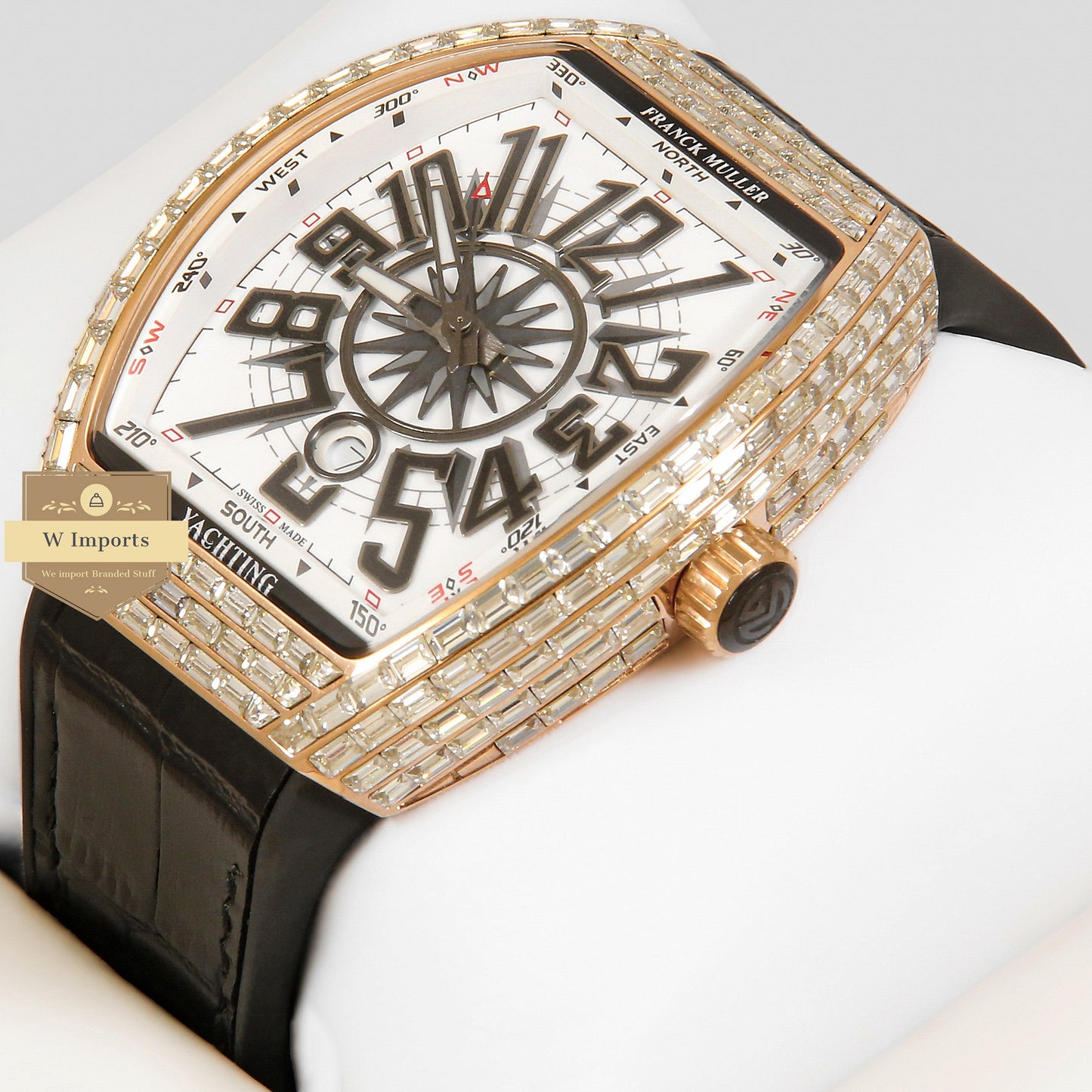 LATEST COLLECTION ROSE GOLD STONE CASE WITH WHITE DIAL AND BLACK PVC STRAP