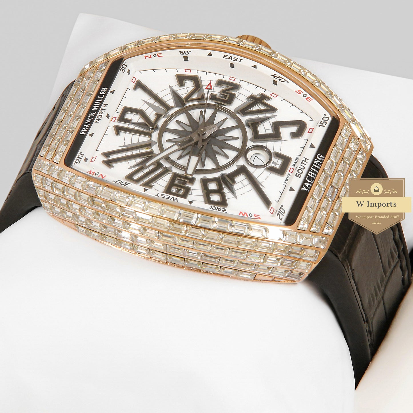 LATEST COLLECTION ROSE GOLD STONE CASE WITH WHITE DIAL AND BLACK PVC STRAP