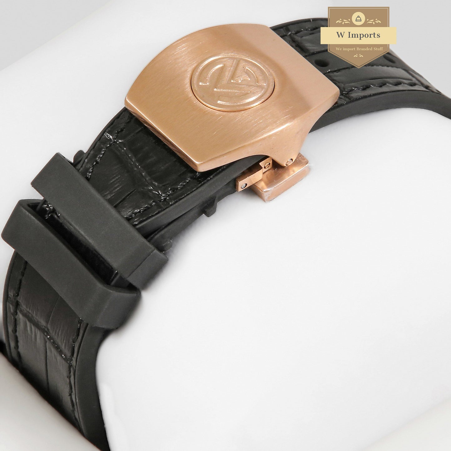 LATEST COLLECTION ROSE GOLD STONE CASE WITH WHITE DIAL AND BLACK PVC STRAP