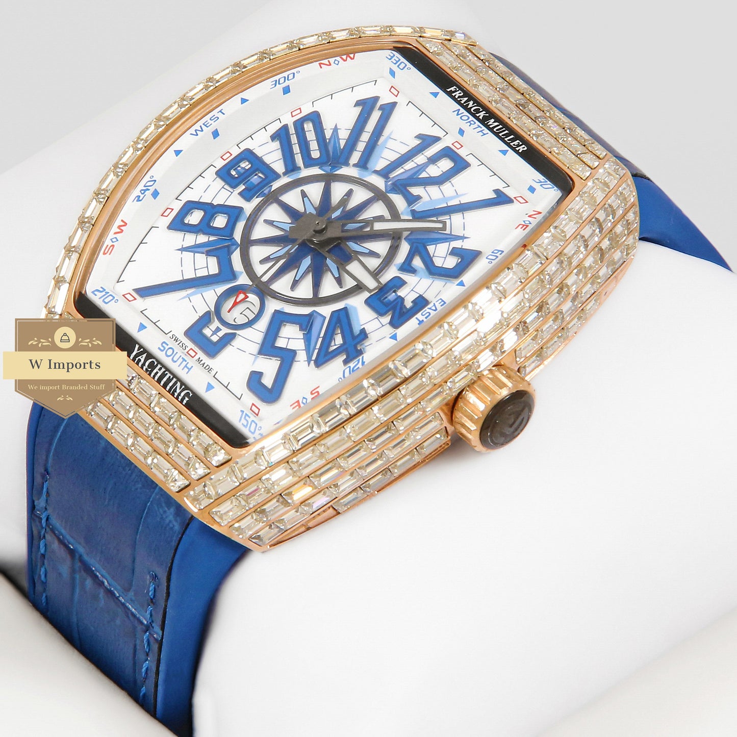 LATEST COLLECTION ROSE GOLD STONE CASE WITH WHITE DIAL AND BLUE PVC STRAP