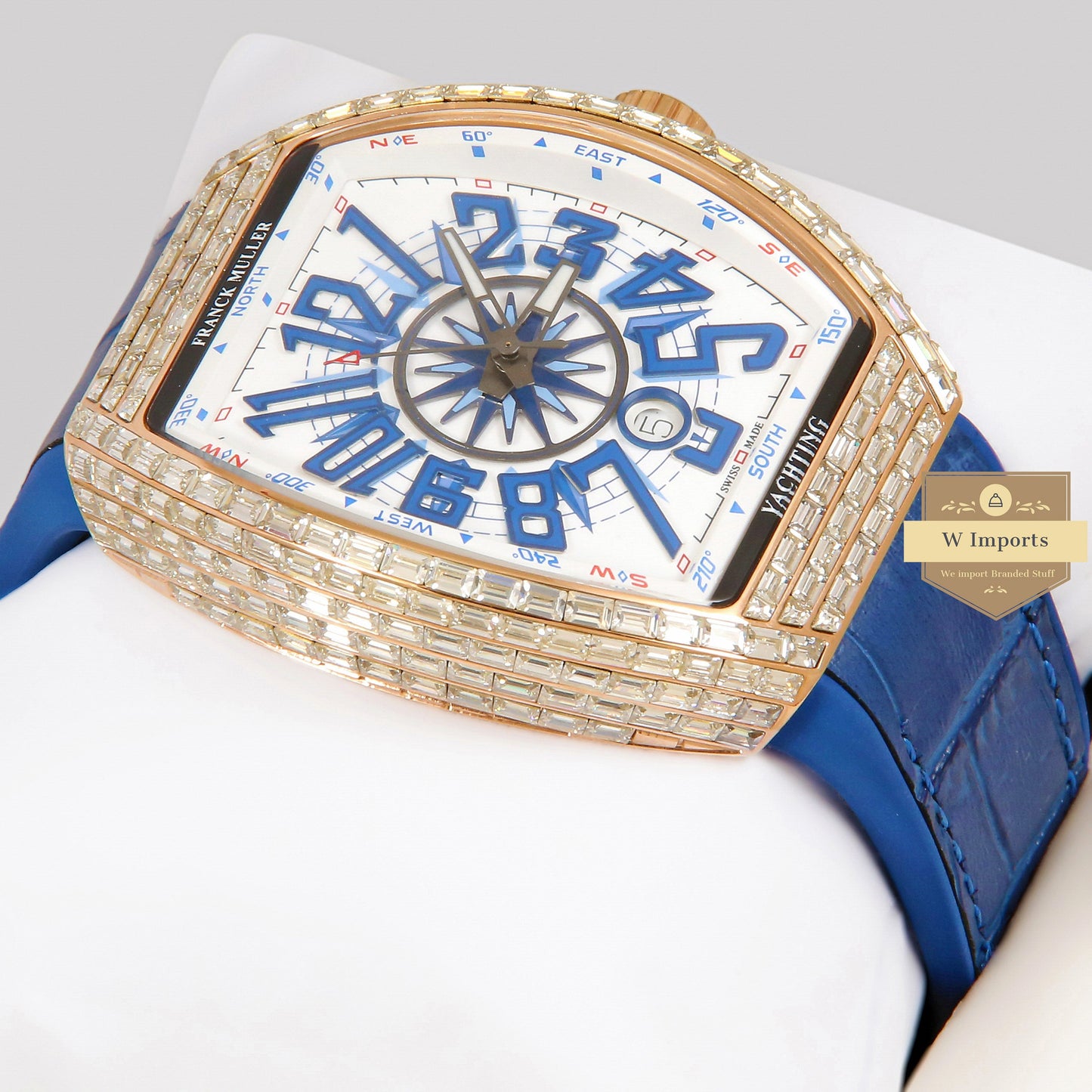 LATEST COLLECTION ROSE GOLD STONE CASE WITH WHITE DIAL AND BLUE PVC STRAP