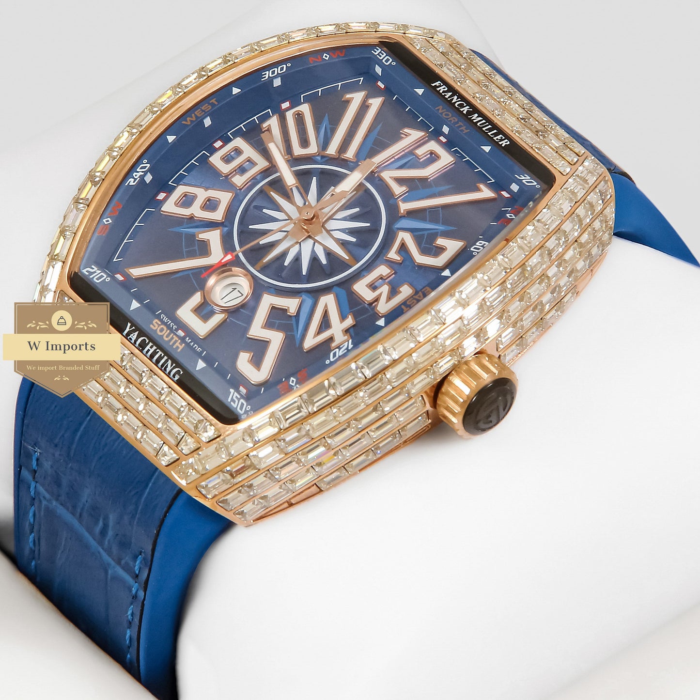 LATEST COLLECTION ROSE GOLD STONE CASE WITH BLUE DIAL AND PVC STRAP