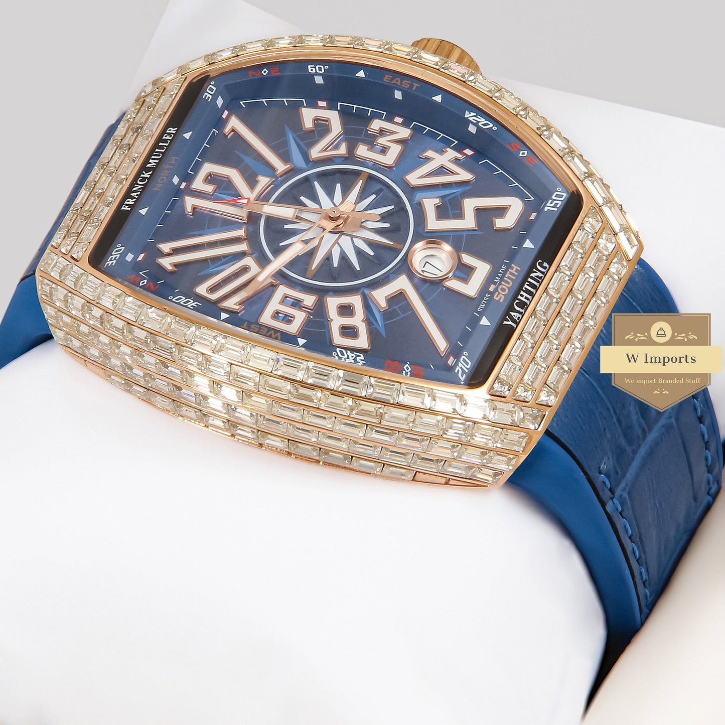 LATEST COLLECTION ROSE GOLD STONE CASE WITH BLUE DIAL AND PVC STRAP