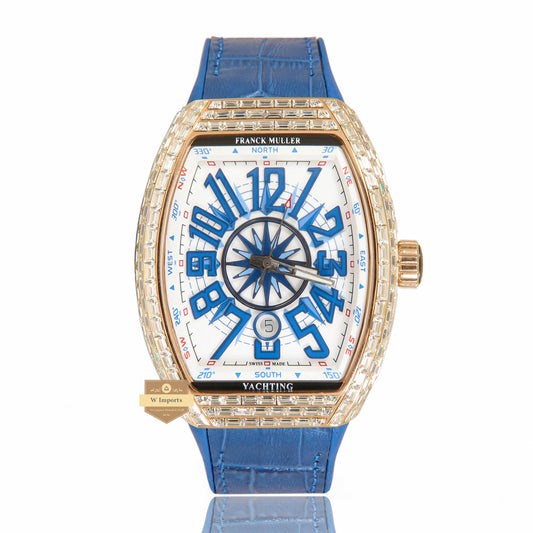 LATEST COLLECTION ROSE GOLD STONE CASE WITH WHITE DIAL AND BLUE PVC STRAP