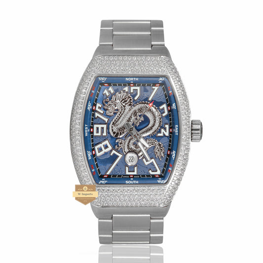 LATEST COLLECTION DRAGON SILVER WITH BLUE DIAL AND STONE CASE