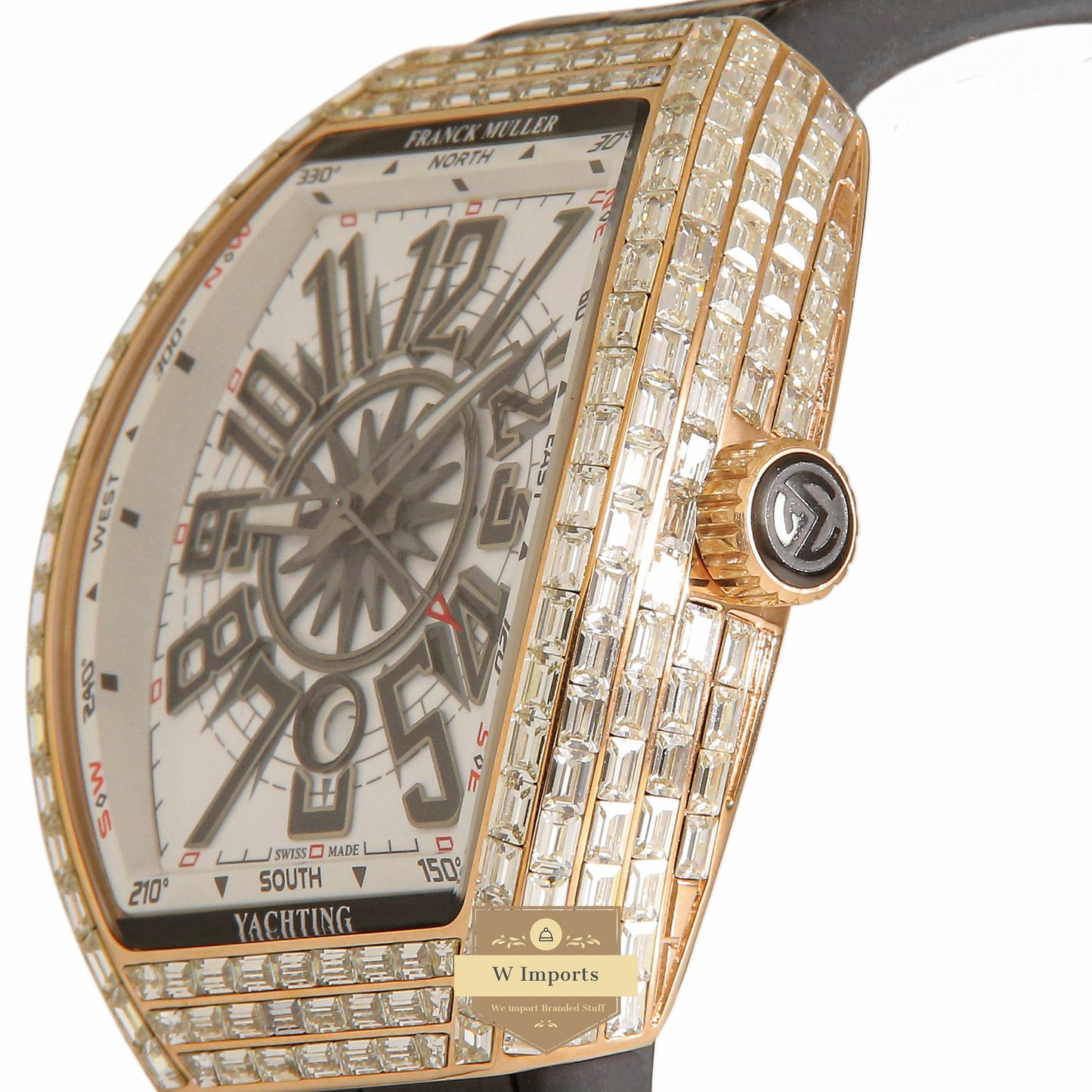 LATEST COLLECTION ROSE GOLD STONE CASE WITH WHITE DIAL AND BLACK PVC STRAP