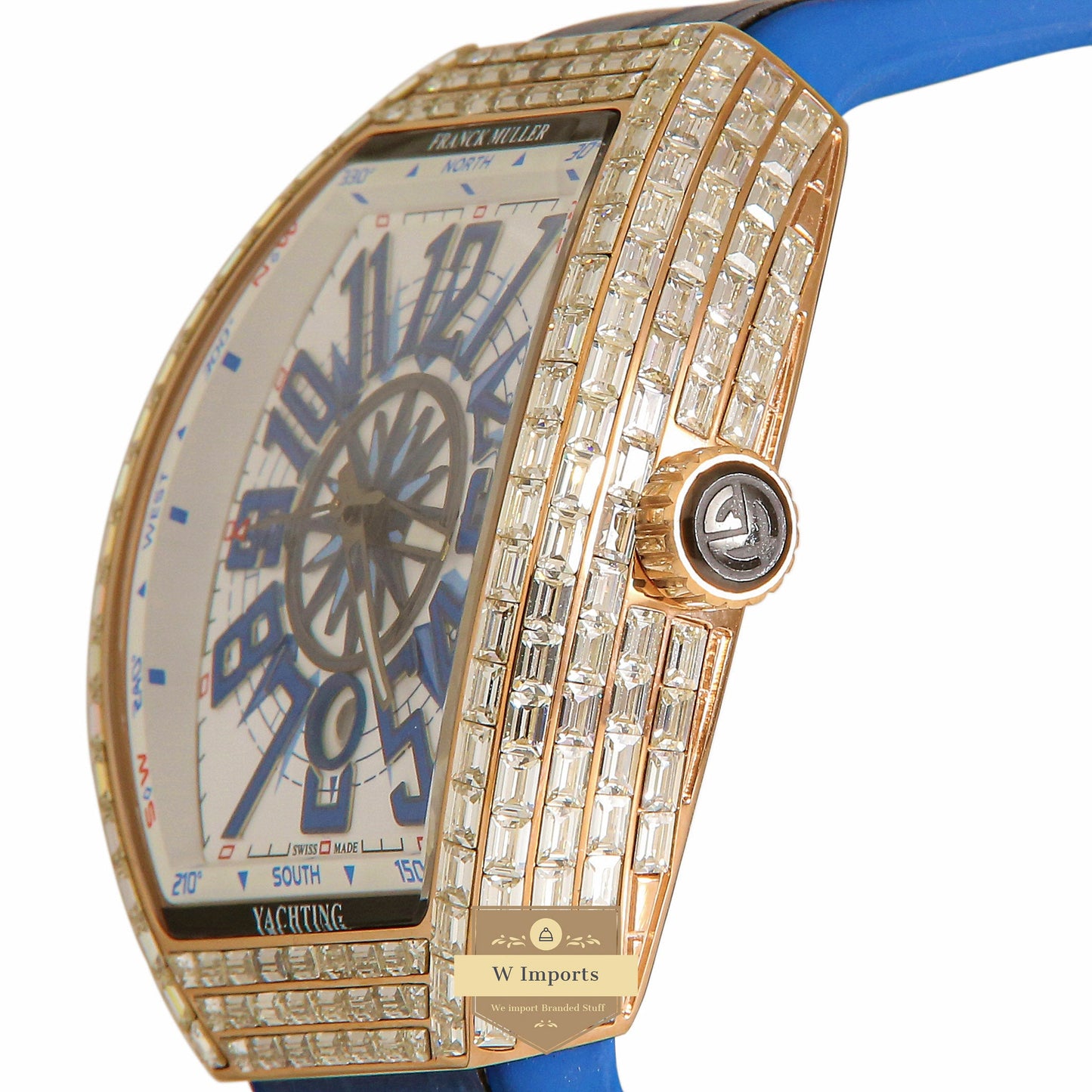 LATEST COLLECTION ROSE GOLD STONE CASE WITH WHITE DIAL AND BLUE PVC STRAP