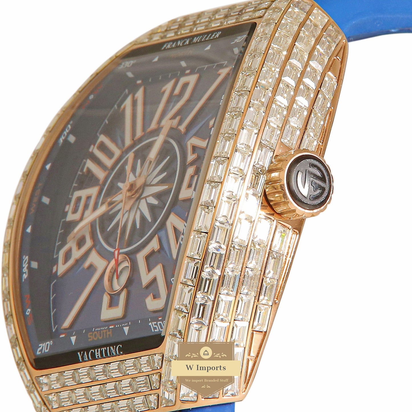 LATEST COLLECTION ROSE GOLD STONE CASE WITH BLUE DIAL AND PVC STRAP